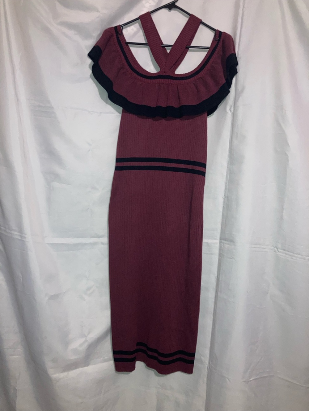 XOXO One-Shoulder Ribbed Midi Dress in Mauve with Black Trim